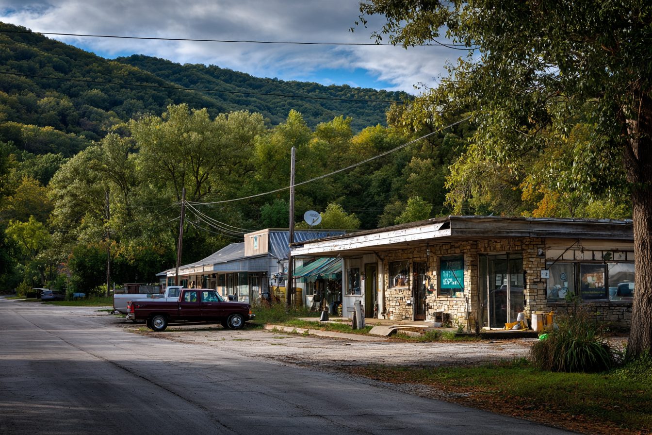 Local shops along a quiet road in a small Ozark town near Branson West