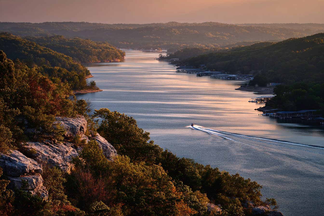 Boat crossing the main channel of Table Rock Lake at sunset, seen from a bluff
