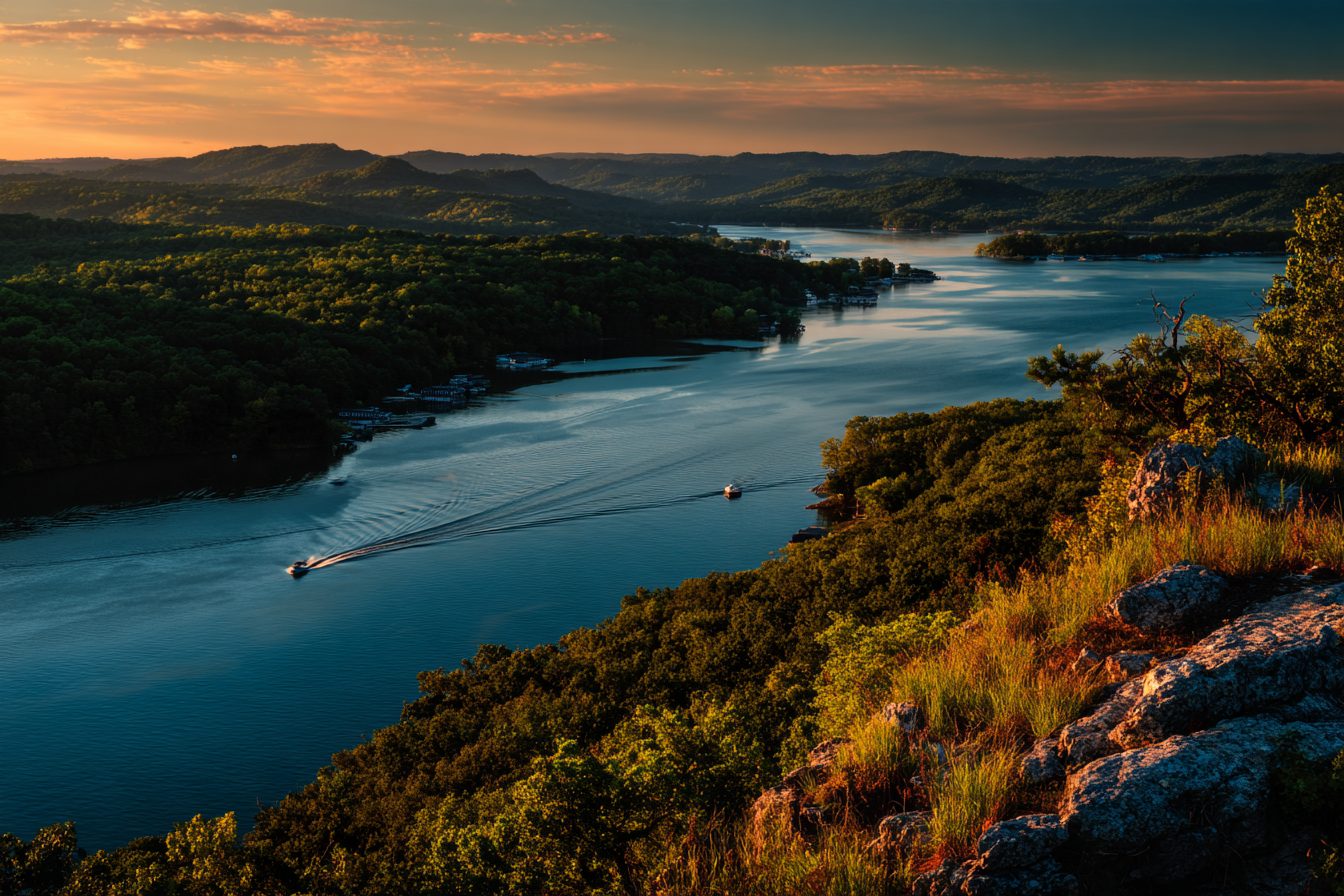 Table Rock Lake winding through the Ozark hills at sunset near Branson West, Missouri