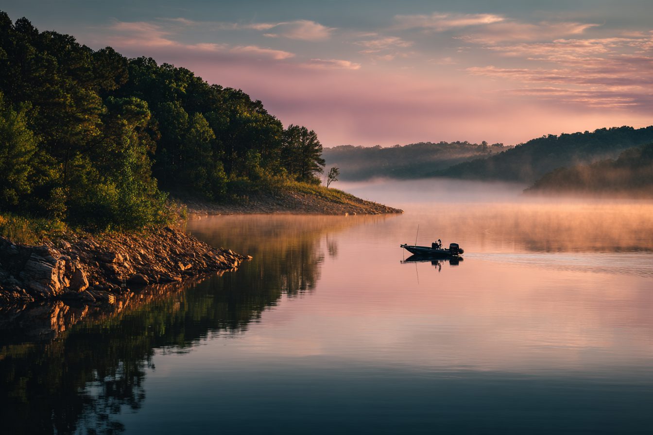 Bass boat on a calm, misty cove of Bull Shoals Lake at sunrise