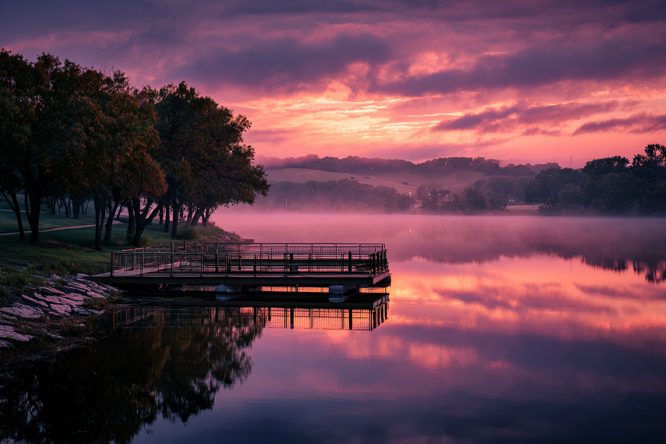 Fishing dock on a calm city lake at a pink and purple sunrise in Olathe, Kansas