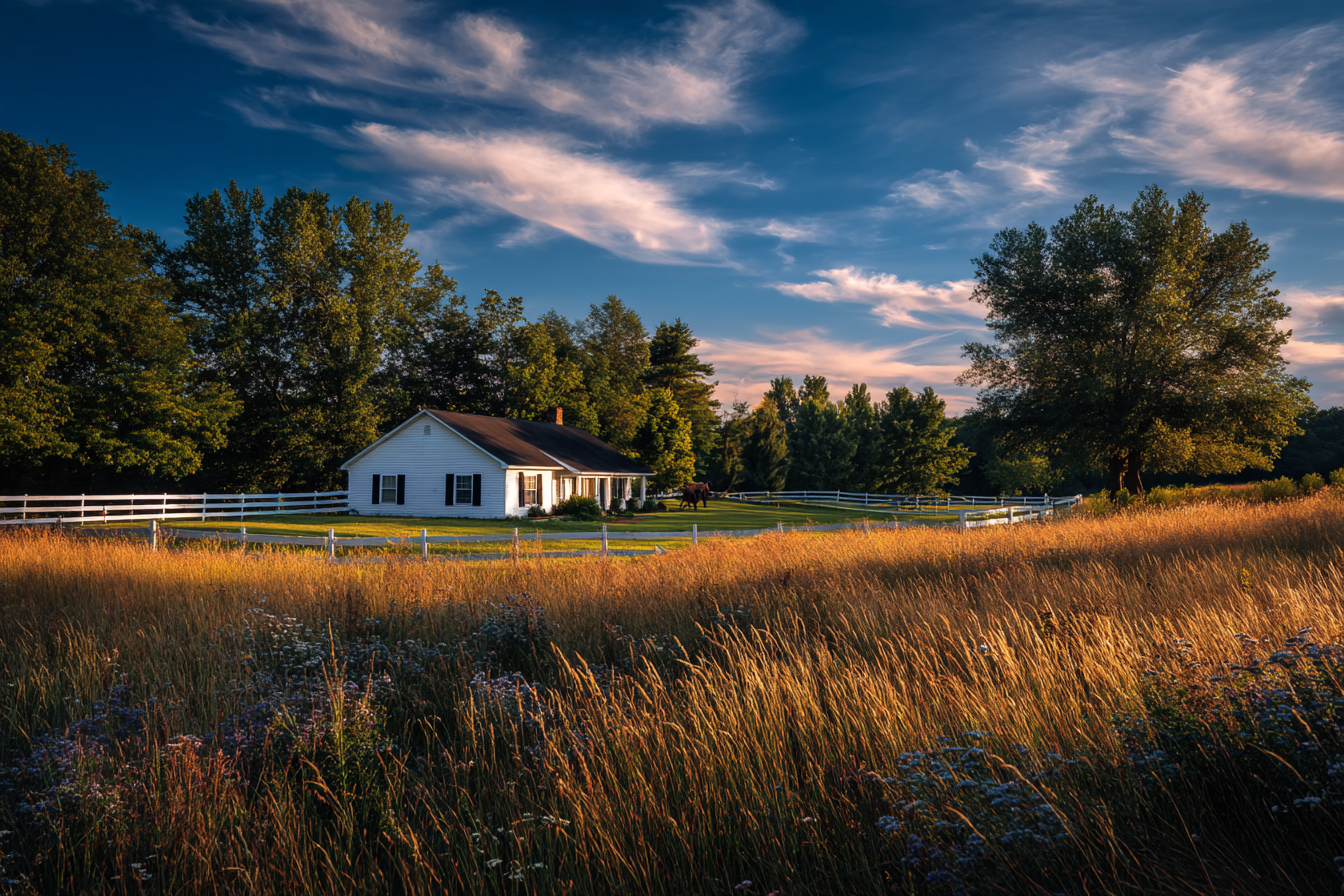 White country home with a horse pasture and white fence beyond a golden meadow near Peculiar, Missouri