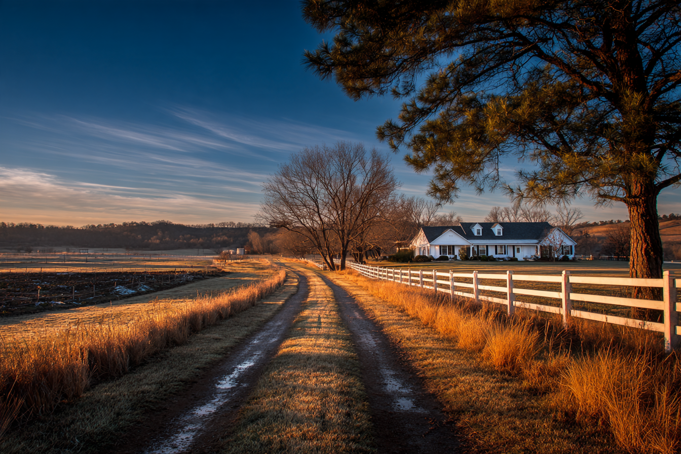 White farmhouse on acreage with a white board fence and a gravel lane near Peculiar, Missouri