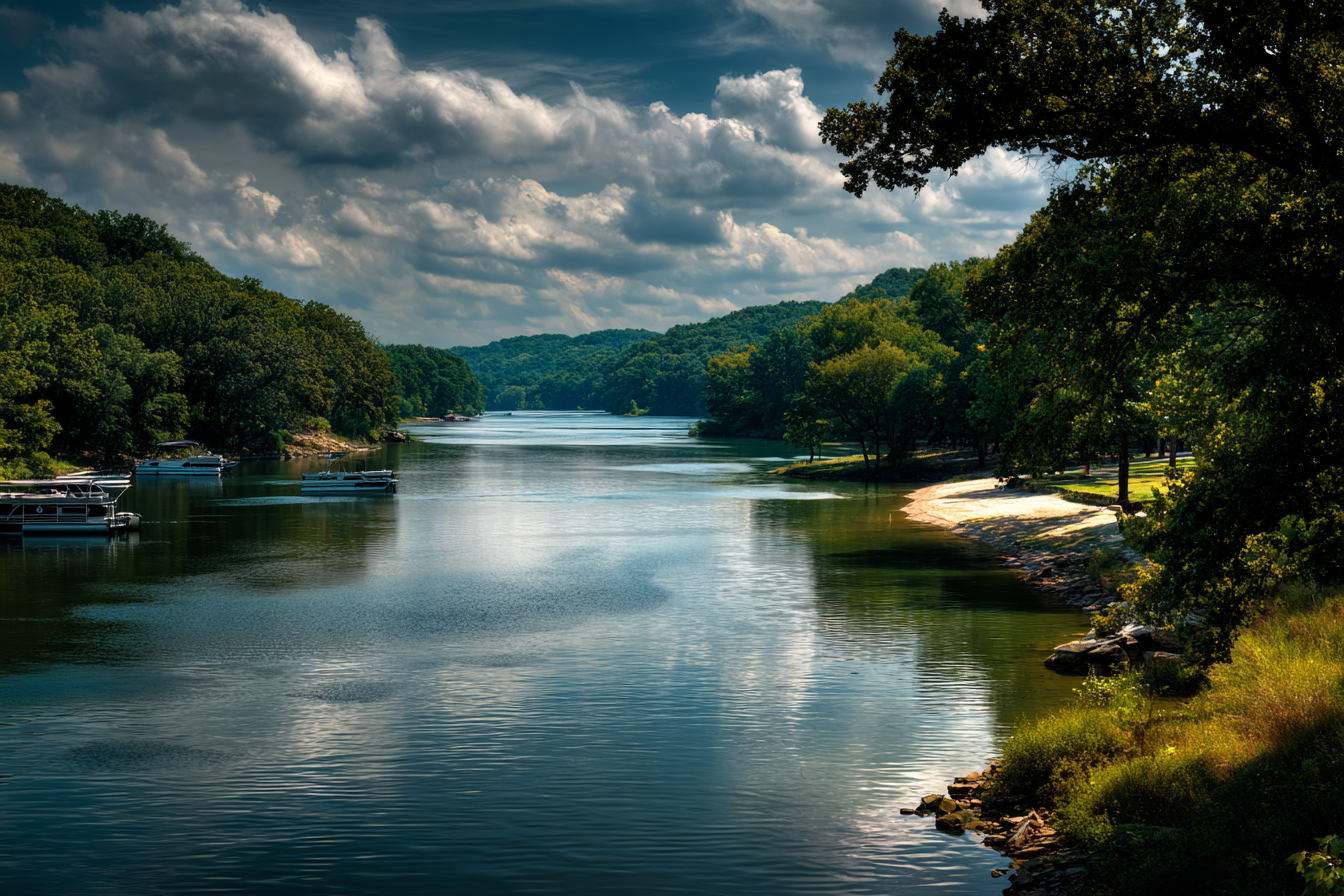 Pontoon boats on a lake surrounded by wooded hills in a county park near Blue Springs, Missouri