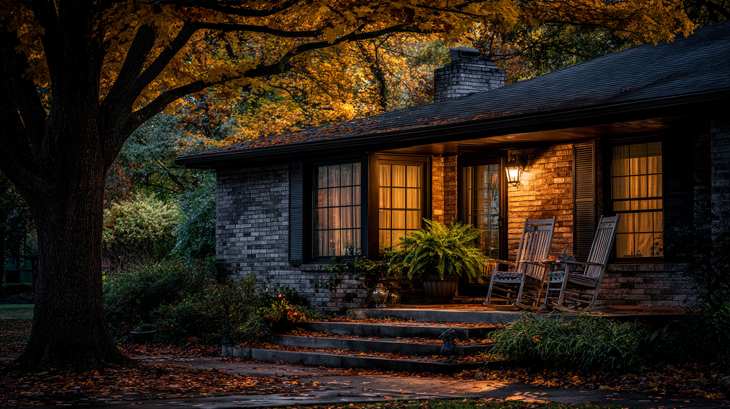 Front porch of a mid-century brick ranch home with rocking chairs and a glowing porch light under fall leaves
