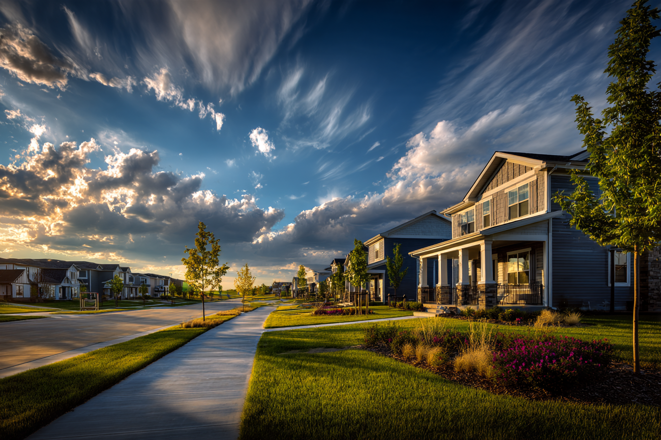New homes with front porches and young trees along a sidewalk in a Raymore, Missouri neighborhood