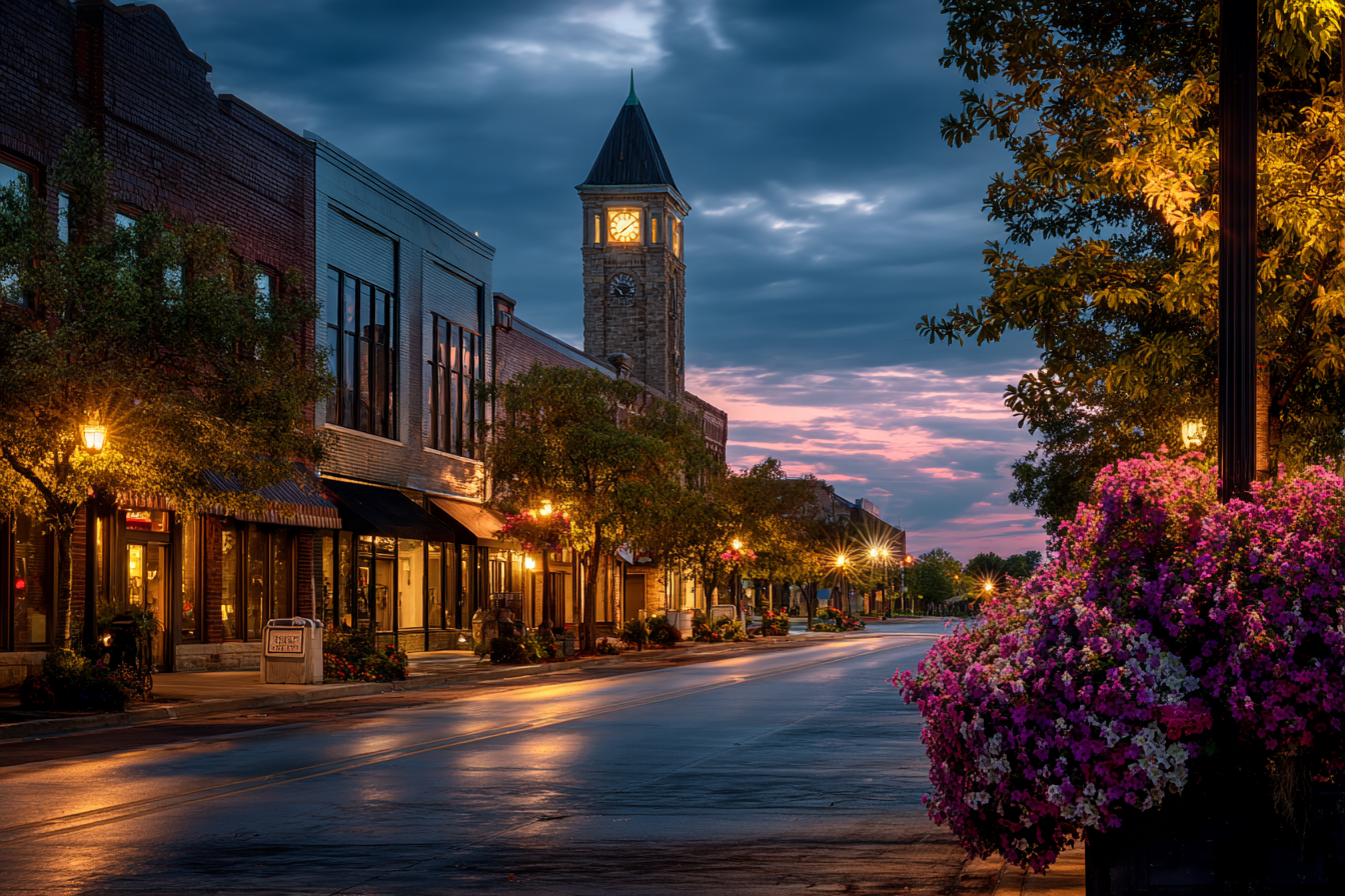 Historic downtown street with a stone clock tower and flower baskets at dusk in Olathe, Kansas