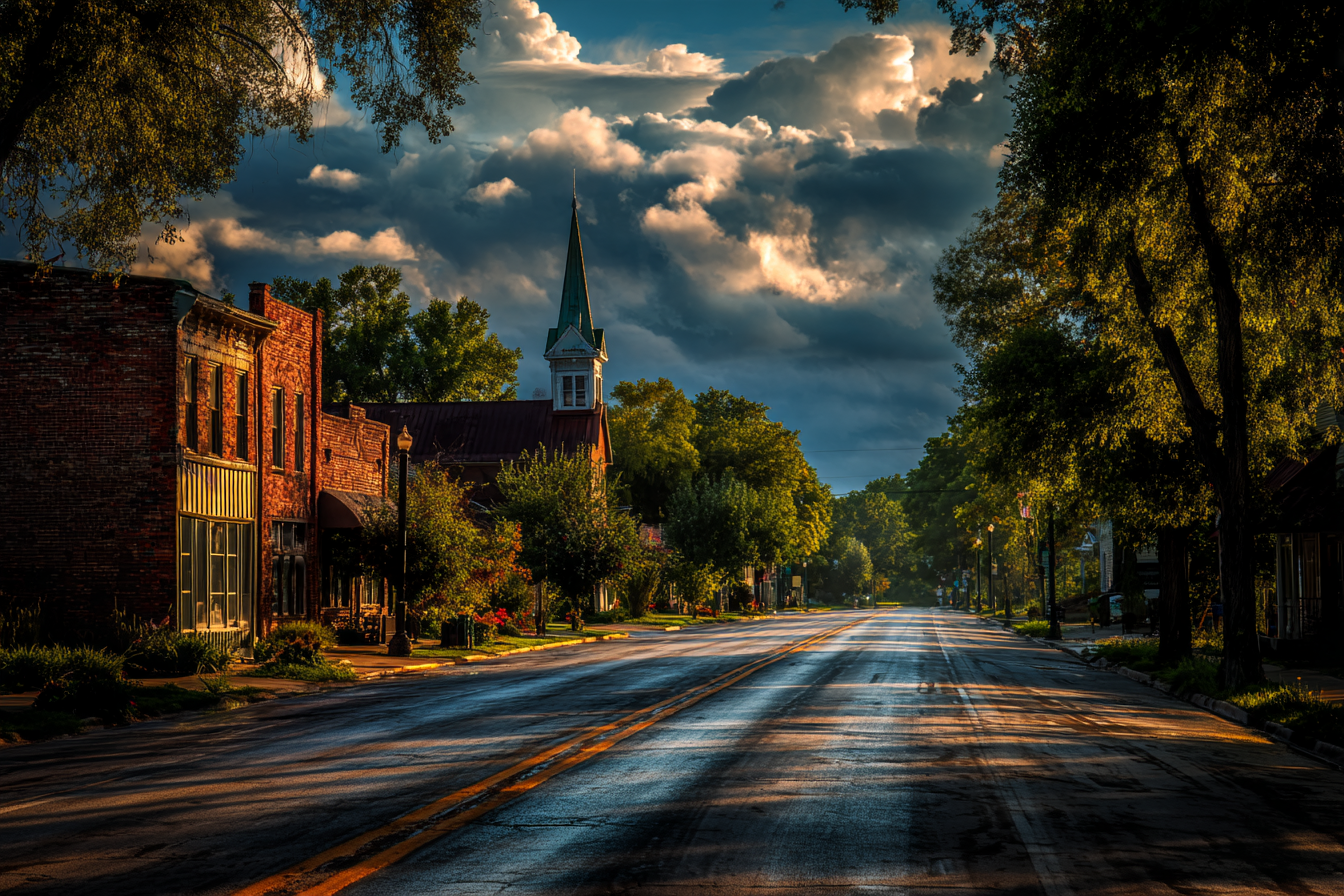 Small historic main street with brick buildings and a church steeple in Greenwood, Missouri