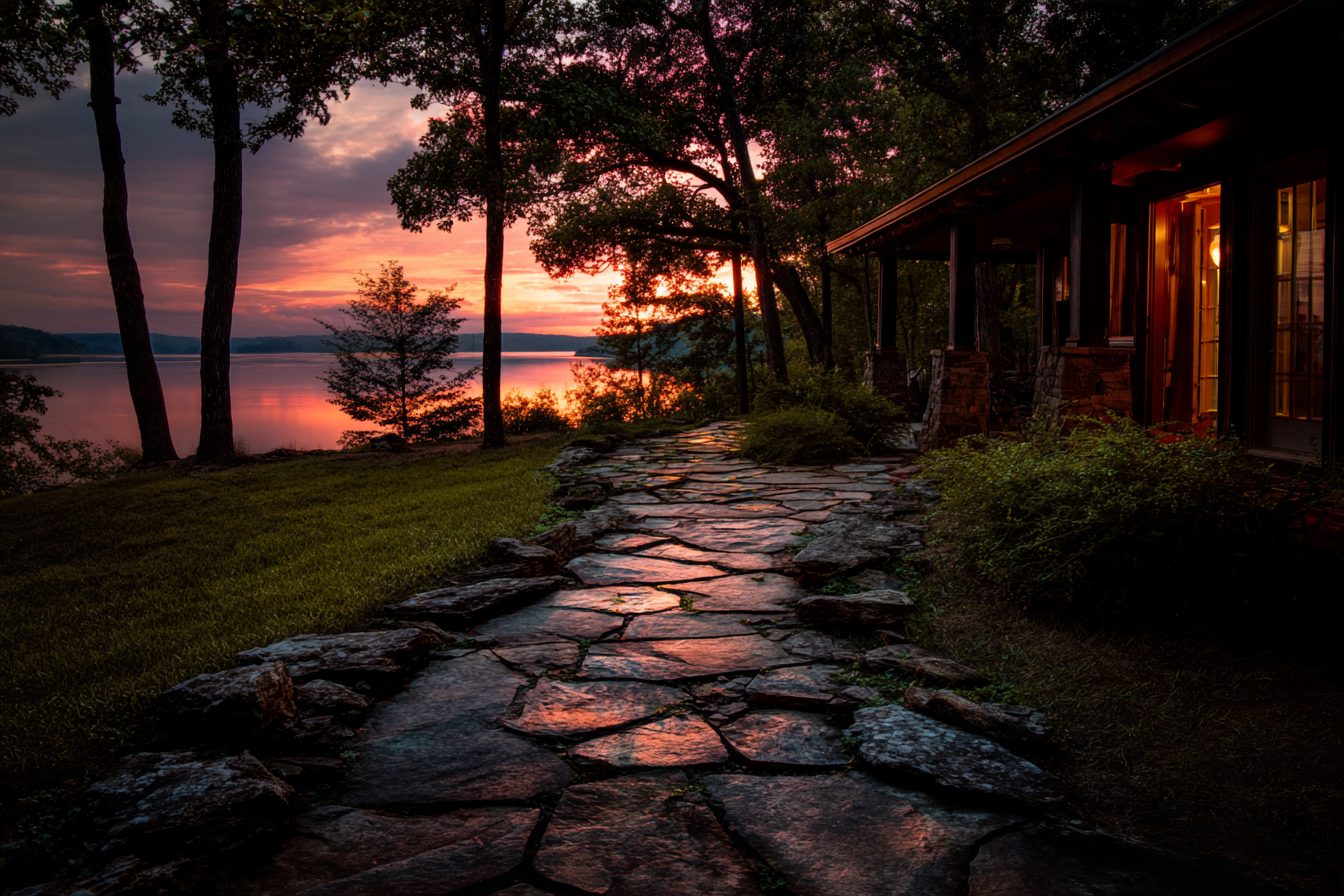 Flagstone path beside a lit lake cabin leading toward Table Rock Lake at sunset