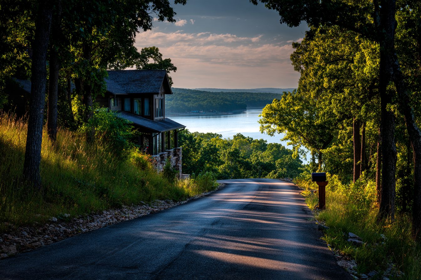 Quiet side road leading toward Table Rock Lake past a wooded lake home