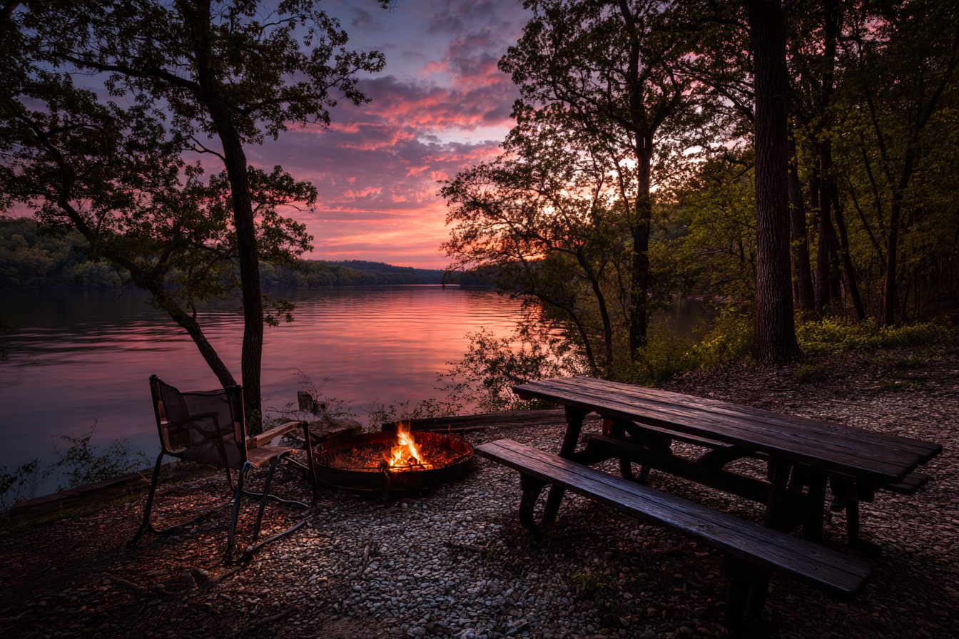 Lakeside campsite with a picnic table and campfire on Table Rock Lake at dusk