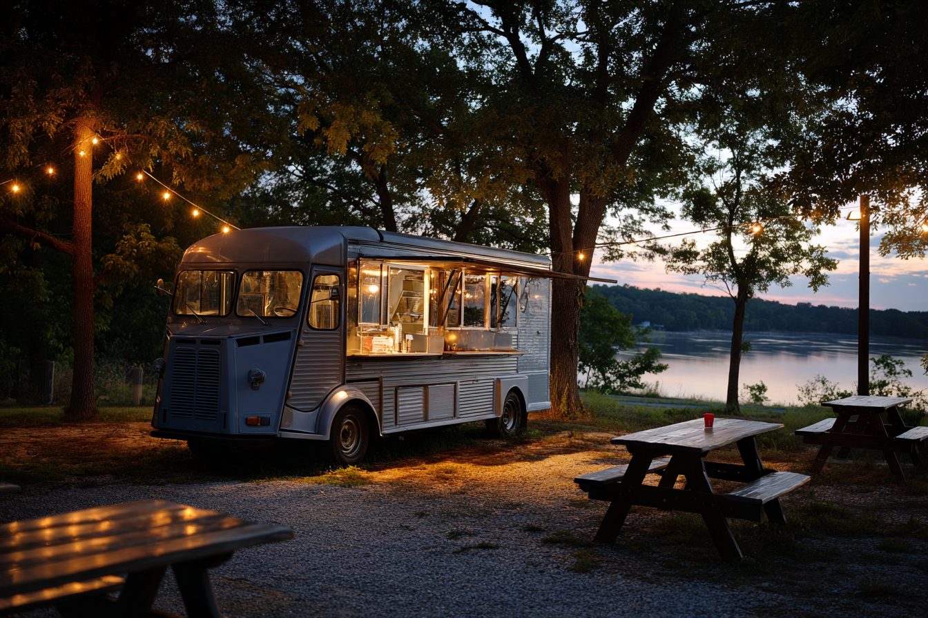 Food truck under string lights near Table Rock Lake on a summer evening