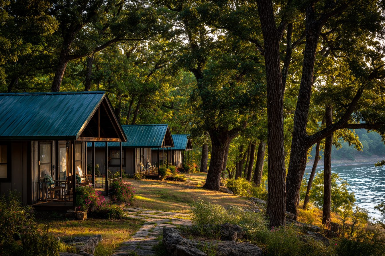 Small resort cabins with green metal roofs among oak trees beside Table Rock Lake