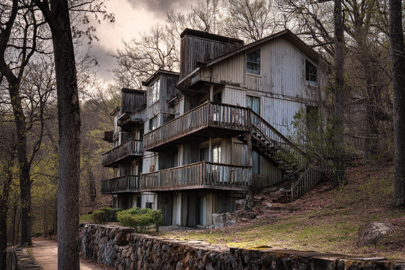 Older condo building with weathered wooden balconies and stairs on a wooded slope