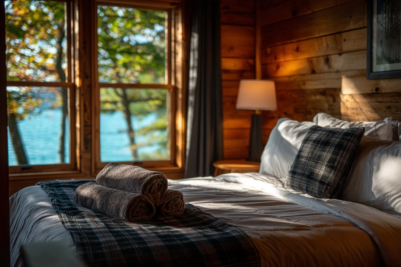 Freshly made guest bed with rolled towels in a lake cabin with a window view of the lake