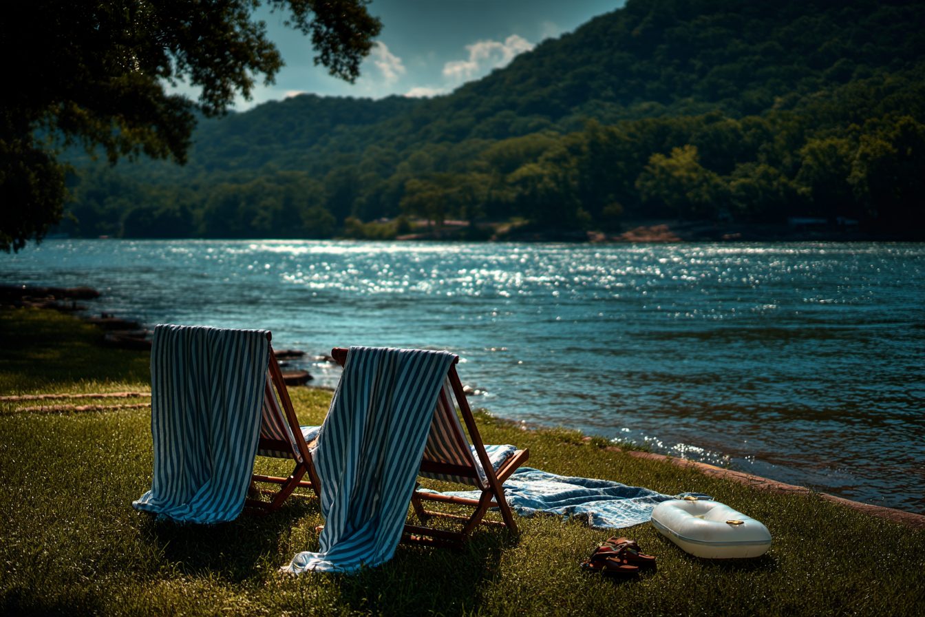 Beach towels, sandals and a pool float on a sunny lakeside lawn by Table Rock Lake