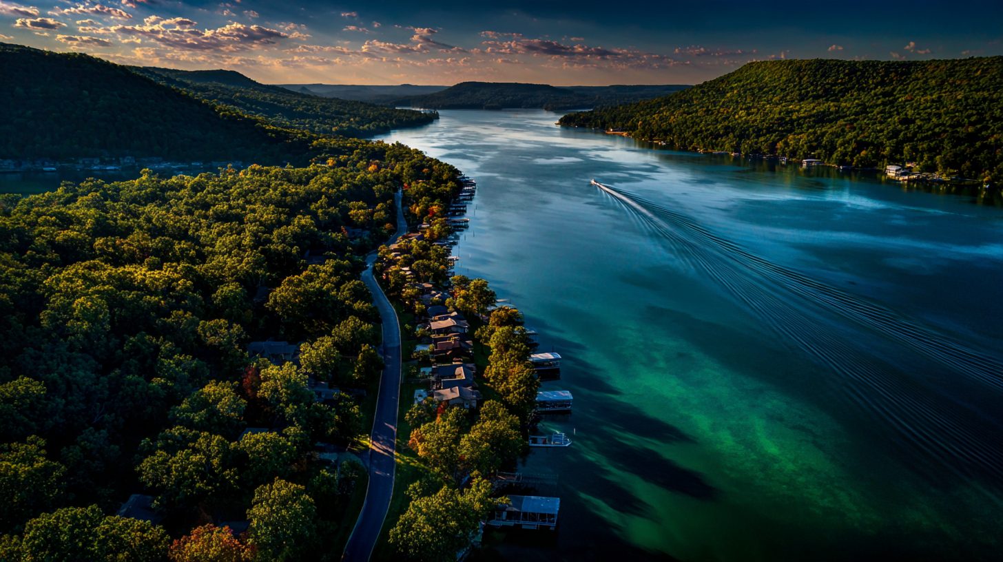 Aerial view of a wooded Table Rock Lake peninsula lined with lake homes near Indian Point, Missouri