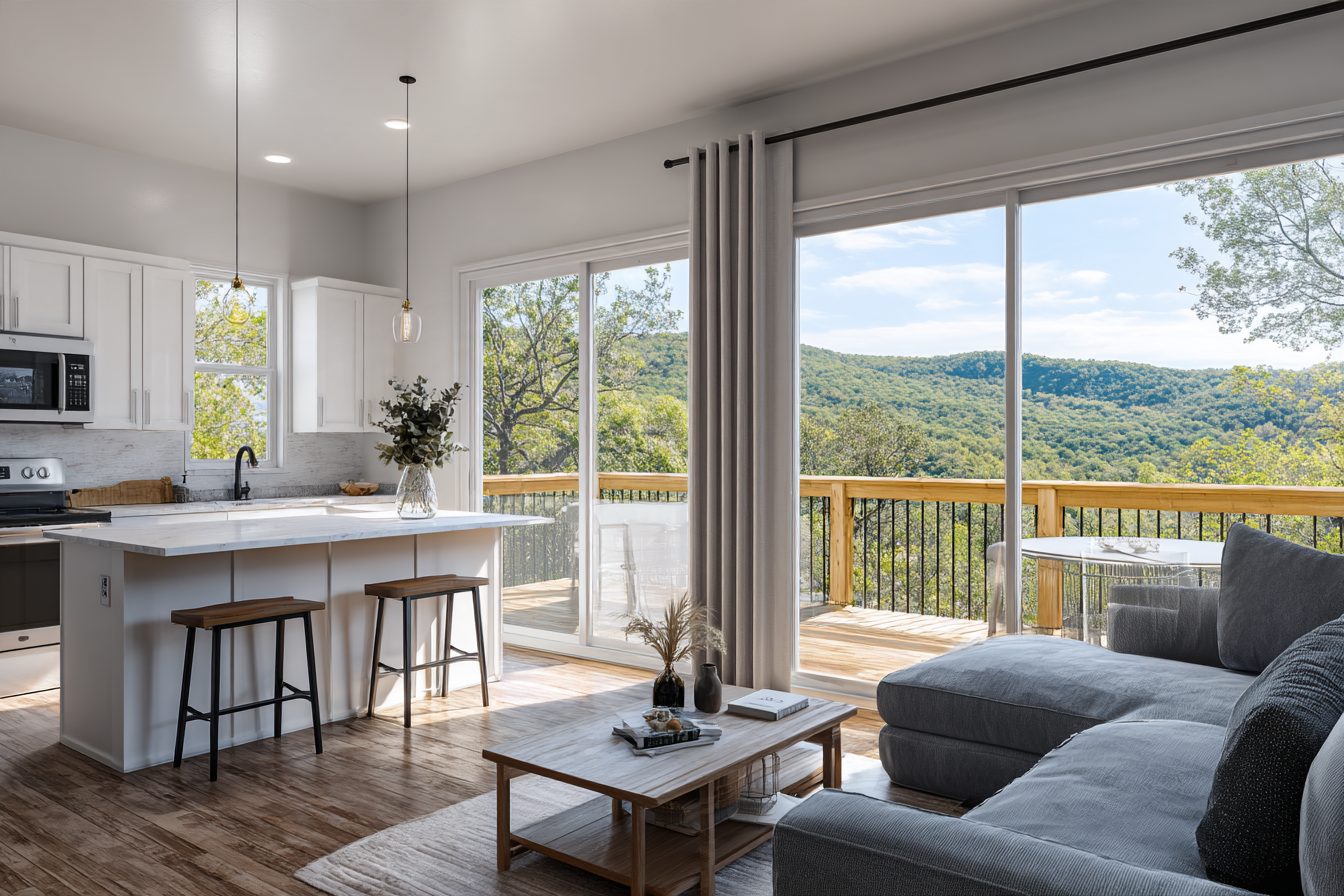 Updated condo great room and kitchen with sliding glass doors facing wooded Ozark hills