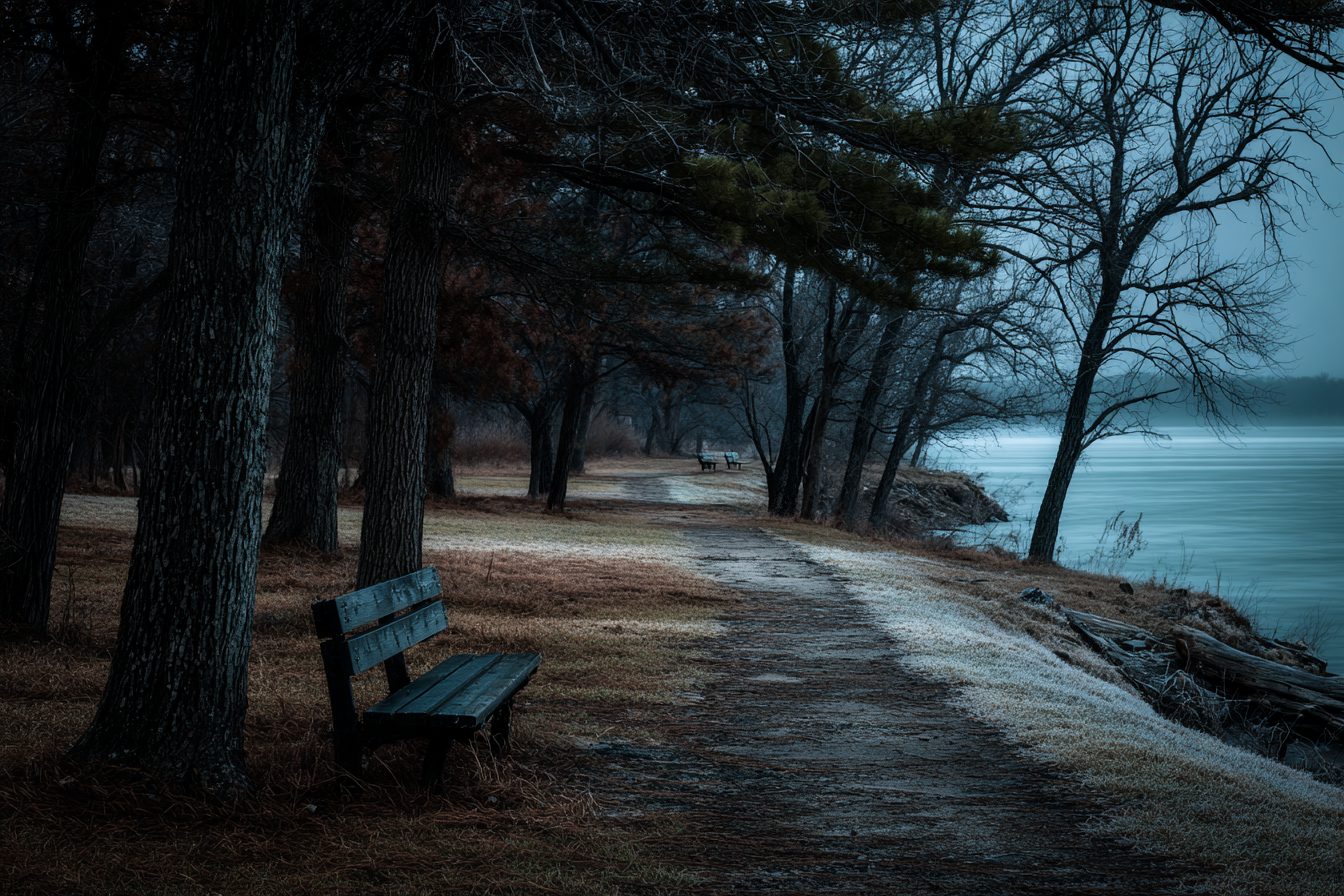Empty bench on a frosty lakeside path by Table Rock Lake in winter