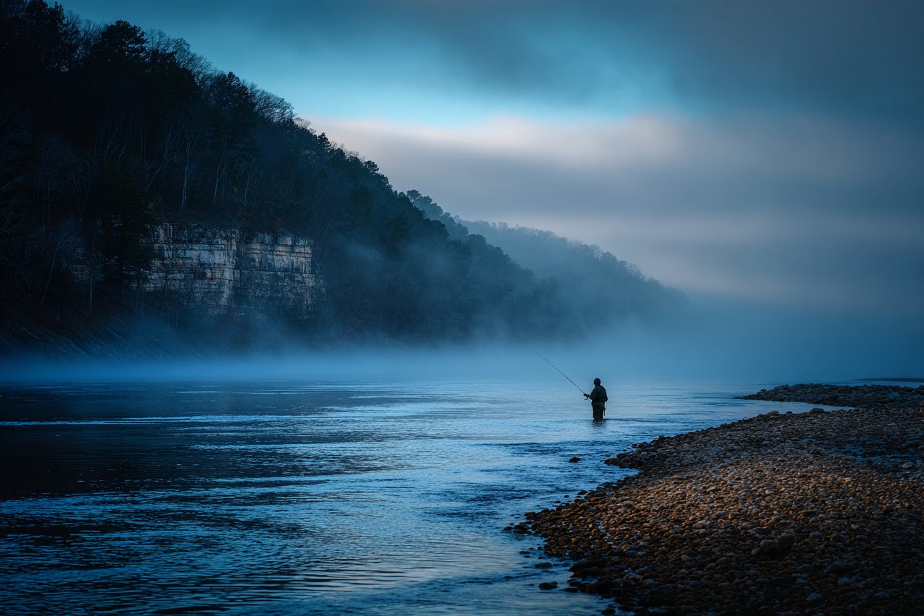 Trout angler wading in morning fog on Lake Taneycomo below a wooded bluff