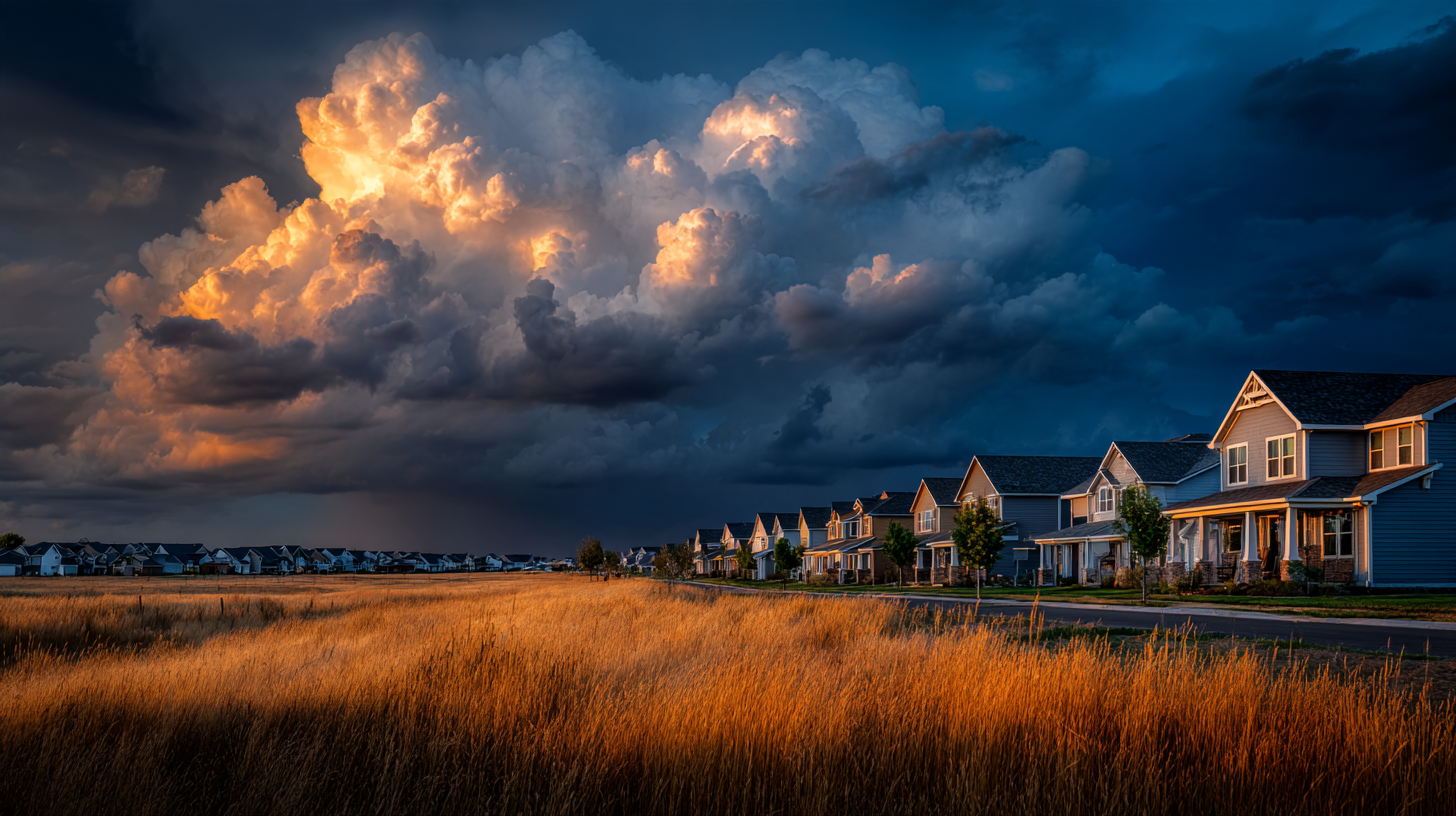 New two-story homes at the edge of golden prairie grasses under dramatic storm clouds in Gardner, Kansas