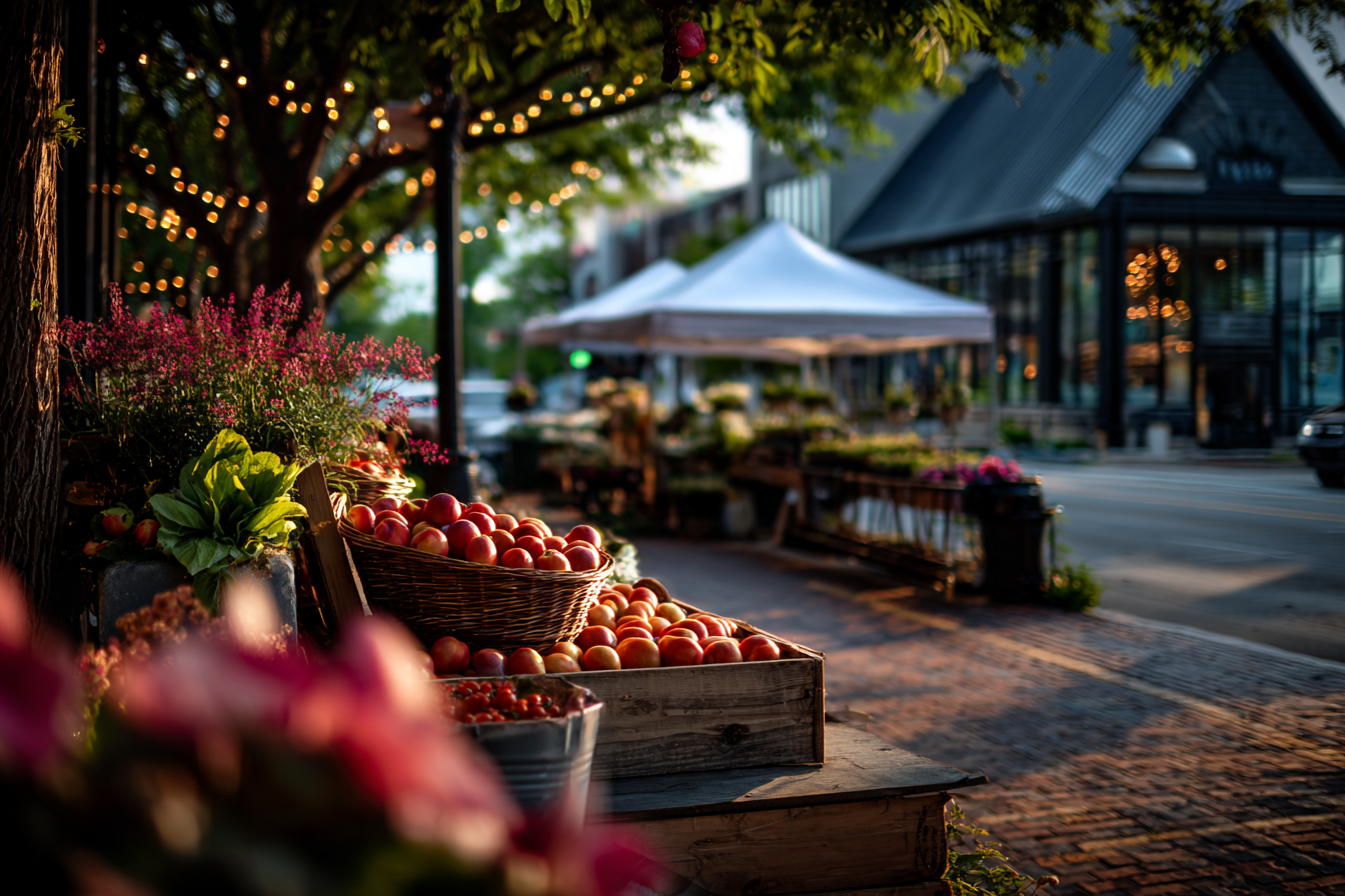 Baskets of peaches and flowers at a Saturday farmers market on a brick main street in a Kansas City suburb