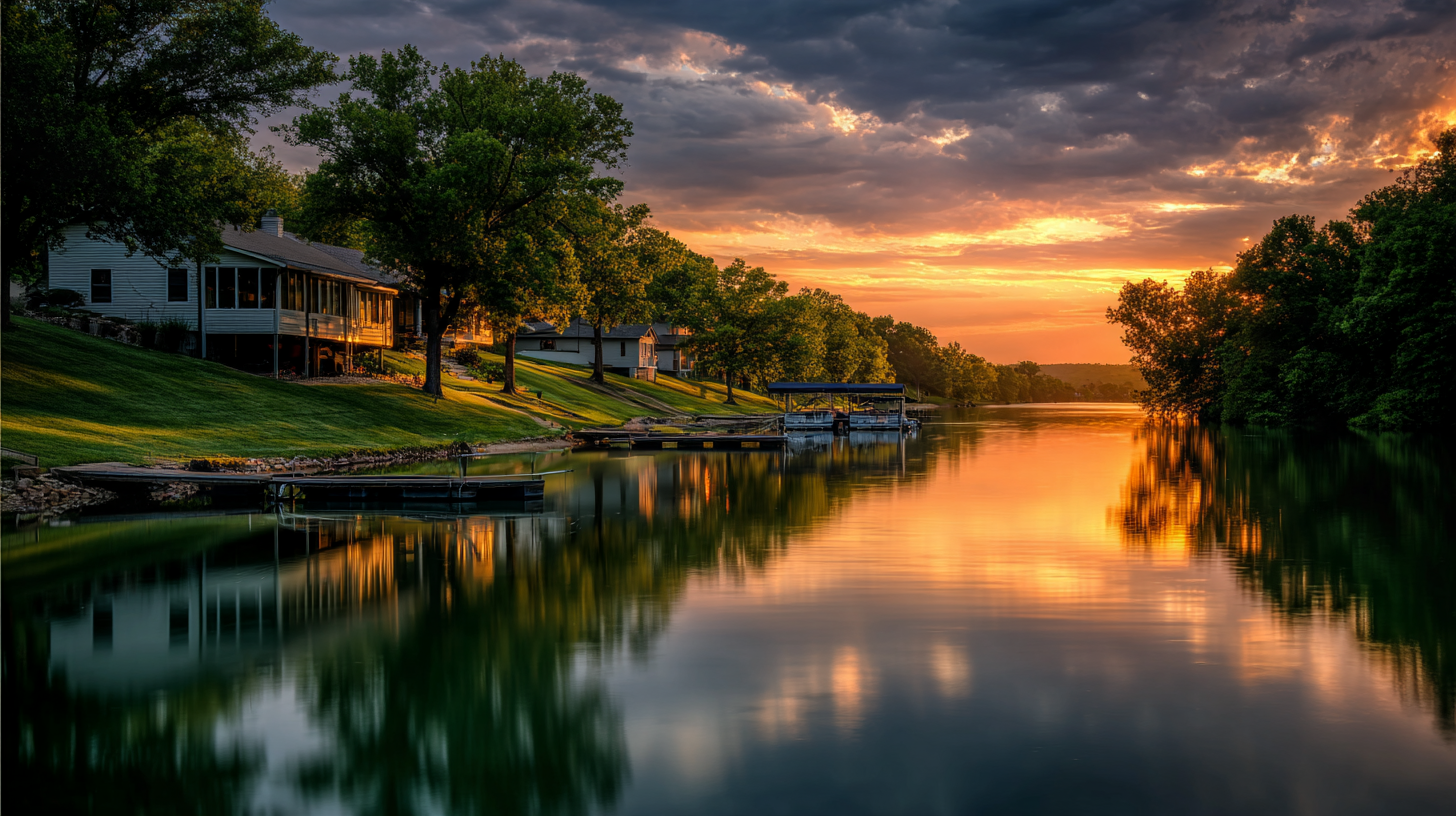 Lakefront homes with green lawns and covered boat docks on a private lake near Lee’s Summit, Missouri at sunset