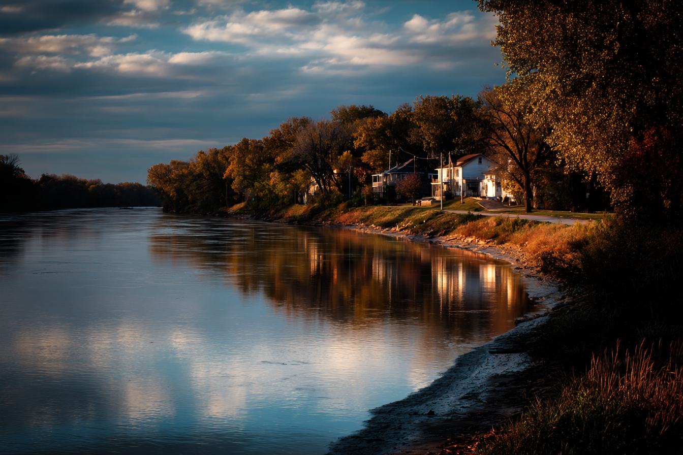 Kansas River curving past wooded banks and riverside homes in fall light near De Soto, Kansas