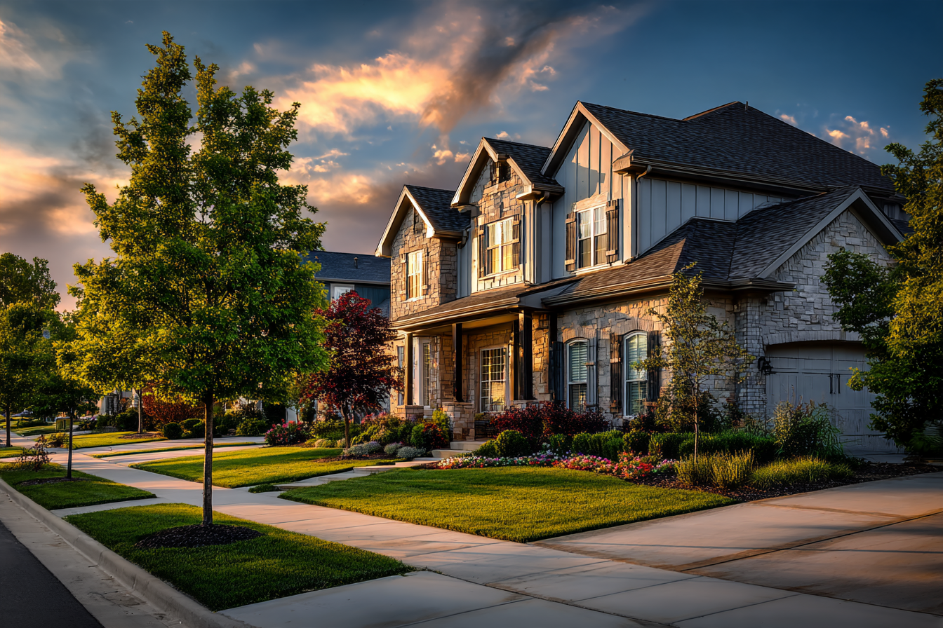Two-story stone and siding home with a manicured lawn in a south Overland Park, Kansas neighborhood