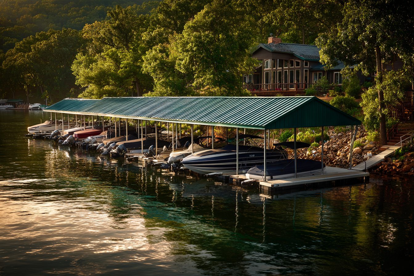 Covered boat dock with slips below a lake home on Table Rock Lake