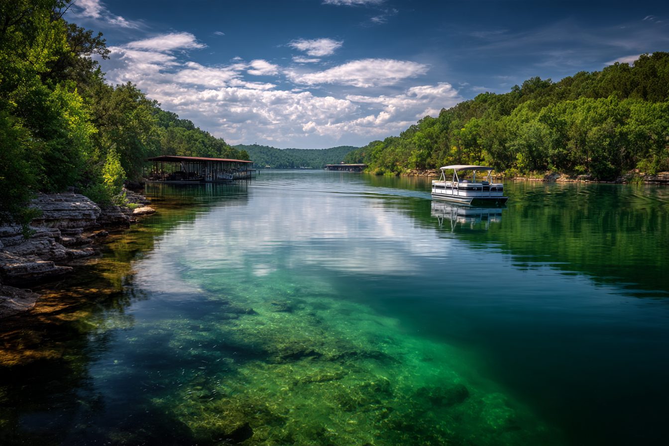 Clear green water, limestone ledges and a pontoon boat in a cove on Table Rock Lake