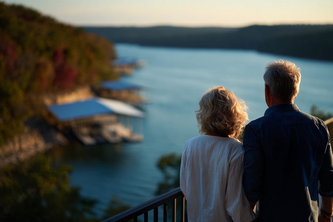 Couple on the deck of a lake home looking out over Table Rock Lake at sunset