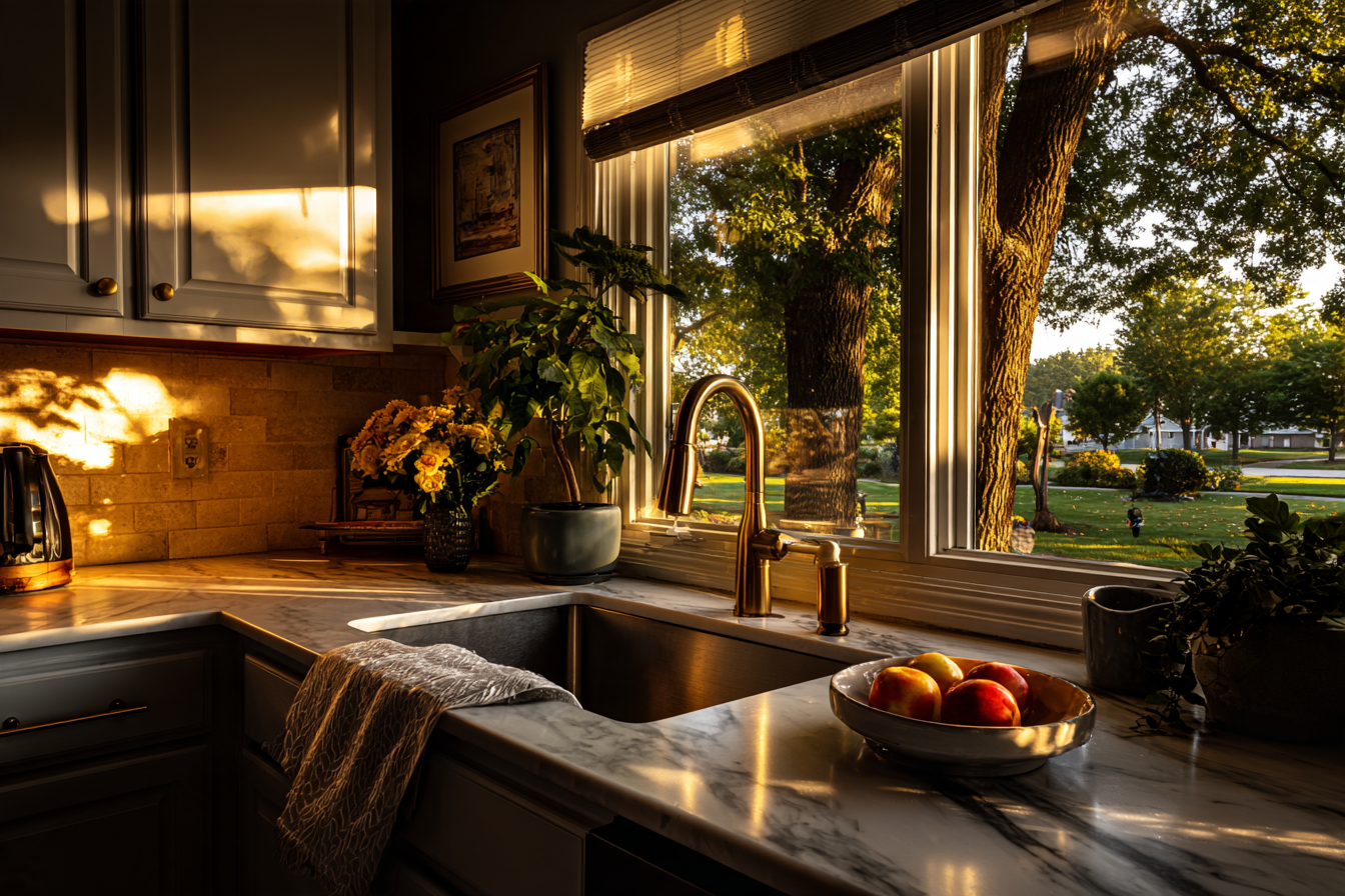 Sunlit kitchen with a bowl of apples by a window overlooking a green backyard with a big shade tree