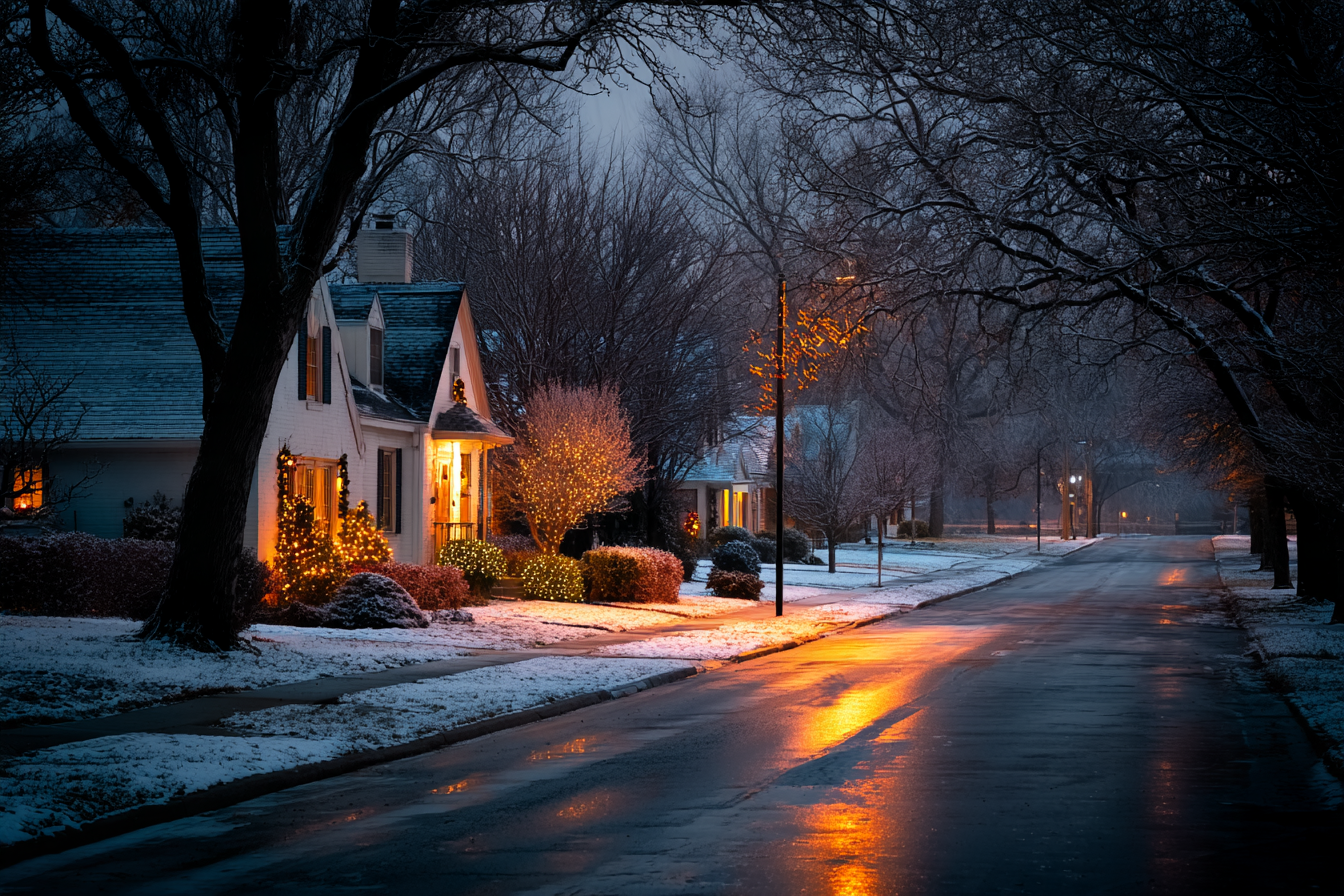 Quiet snowy residential street with glowing holiday lights on a white cottage in a Kansas City suburb