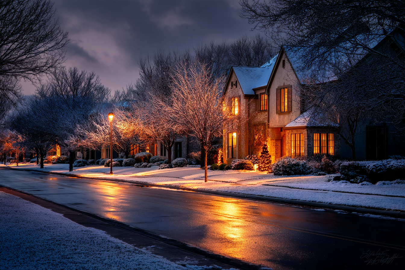 Snow-dusted brick homes and bare trees lit by street lamps on a winter evening in a Kansas City suburb