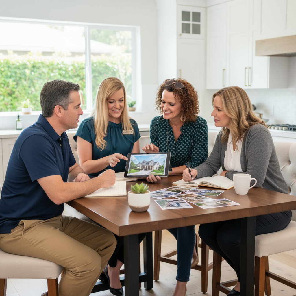 Angel and Sandi meeting with home buyers and reviewing details