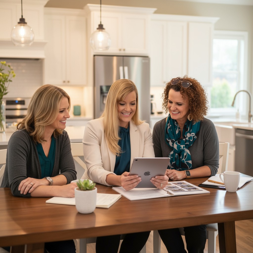 Angel (standing) and Sandi (seated) collaborating with a client at the tablet