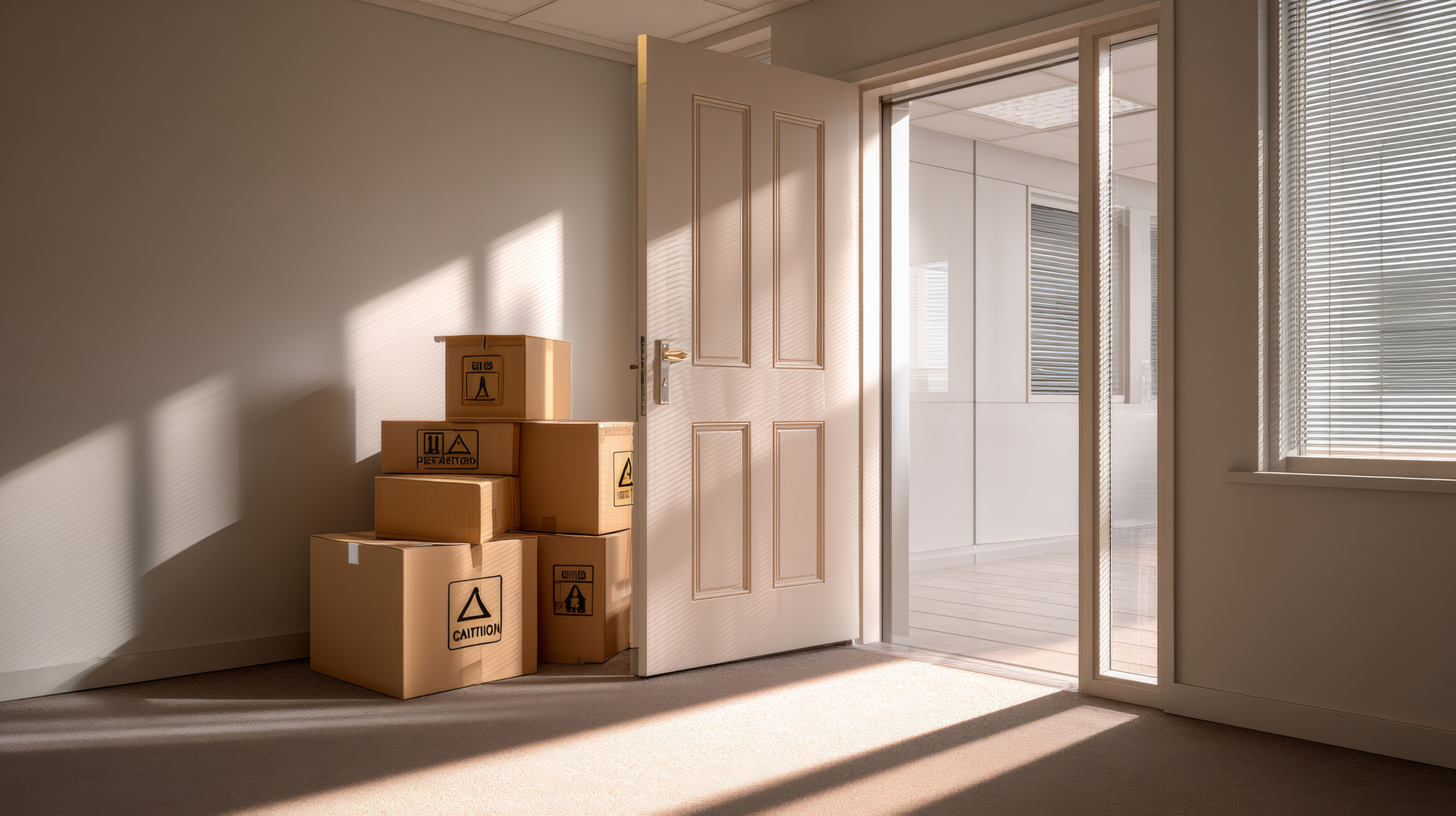 Moving boxes near the open front door of an empty home