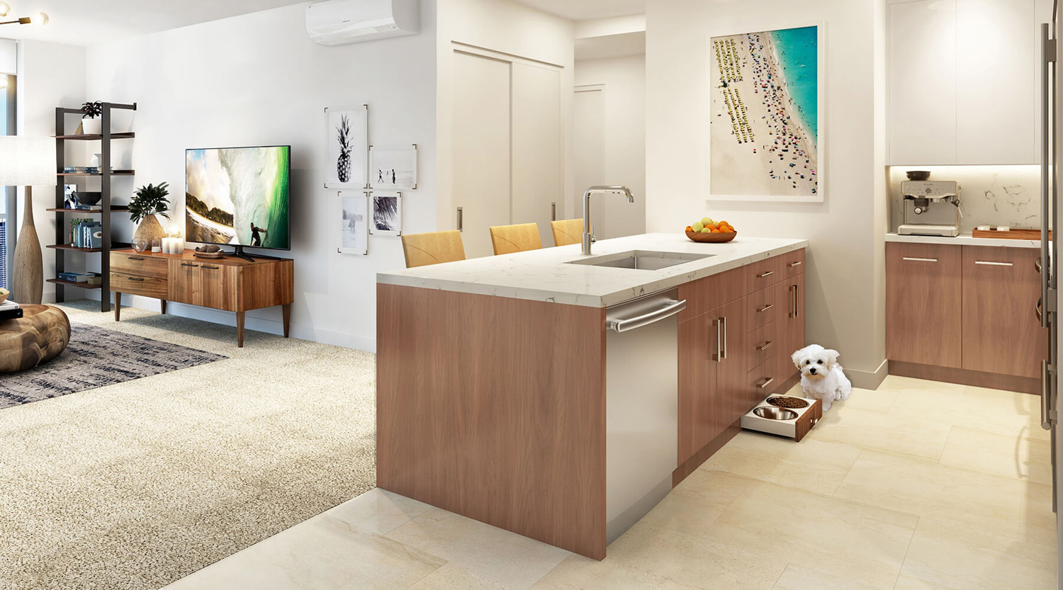 Azure Ala Moana condo kitchen living room view