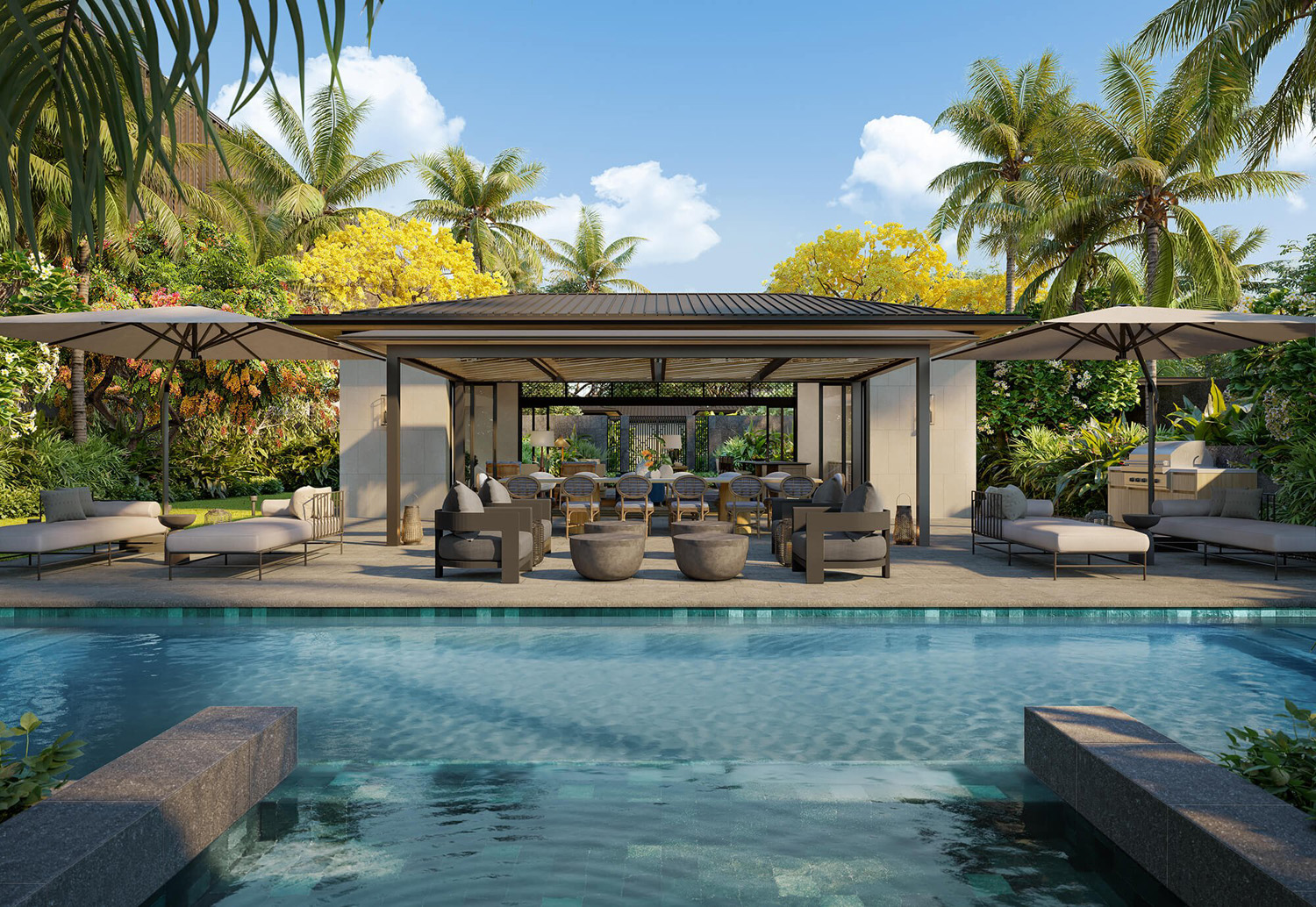 Kalae courtyard pool residence landscape view.