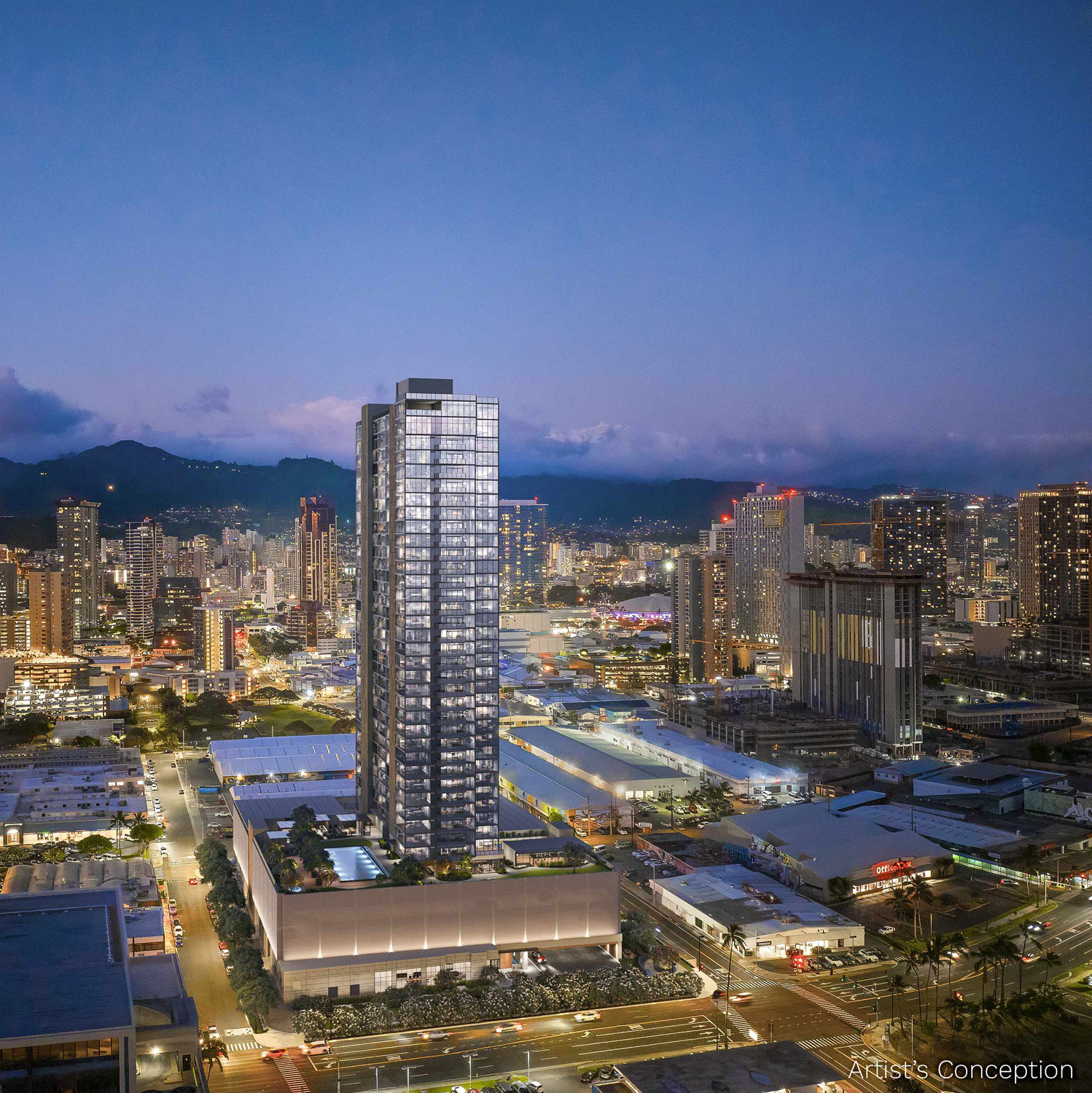 Kaliʻu tower evening view.