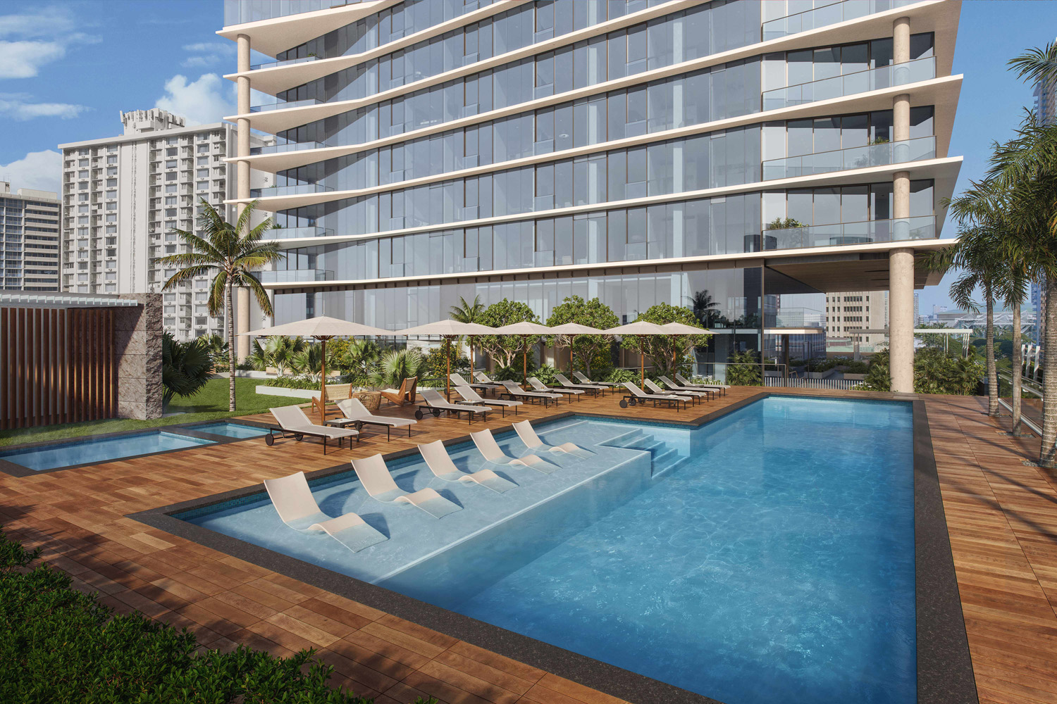 Muse Honolulu exterior pool residence view.