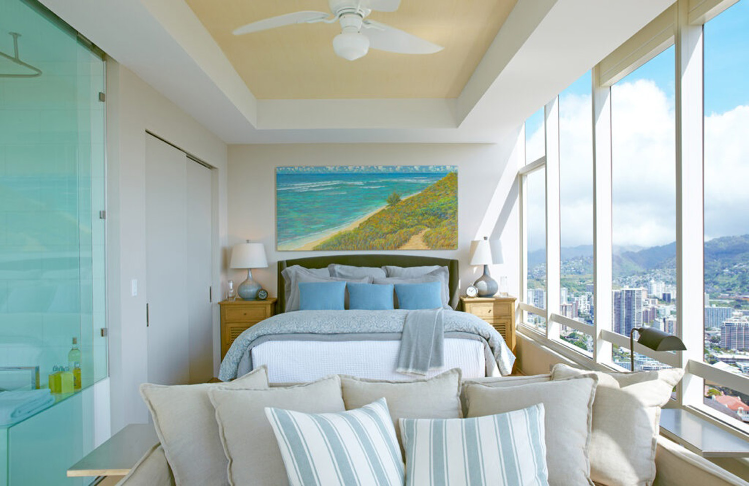 Pacifica Honolulu condo bedroom skyline view.
