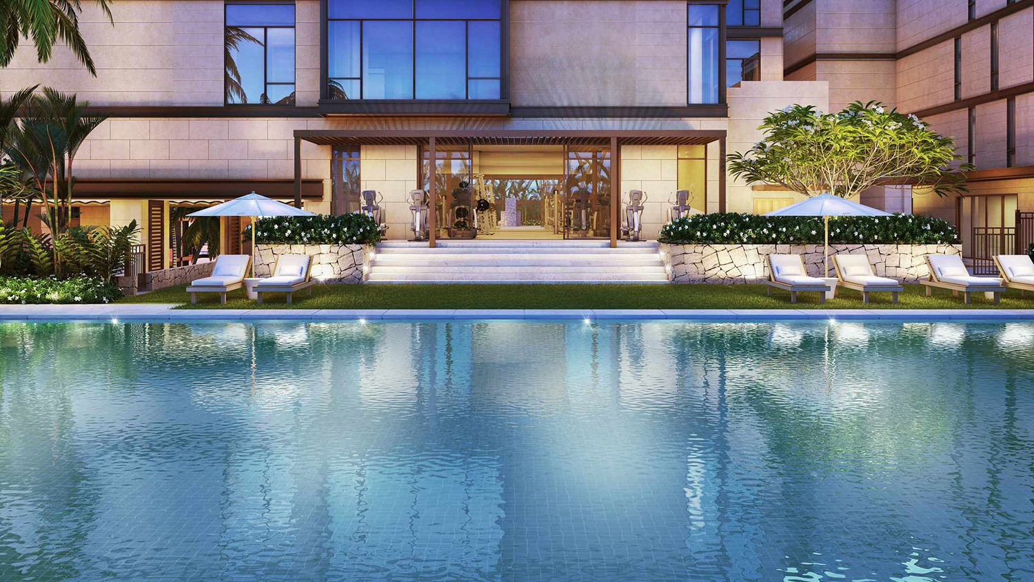 석양 무렵의 Park Lane 수영장 구역
