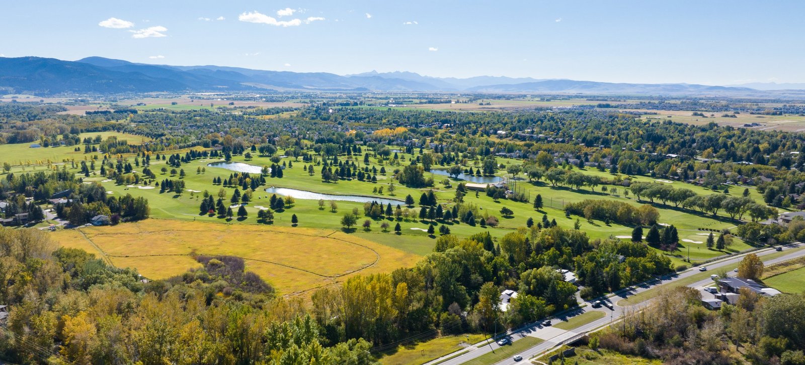 Aerial view of the Gallatin Valley in southwest Montana with mountains on the horizon