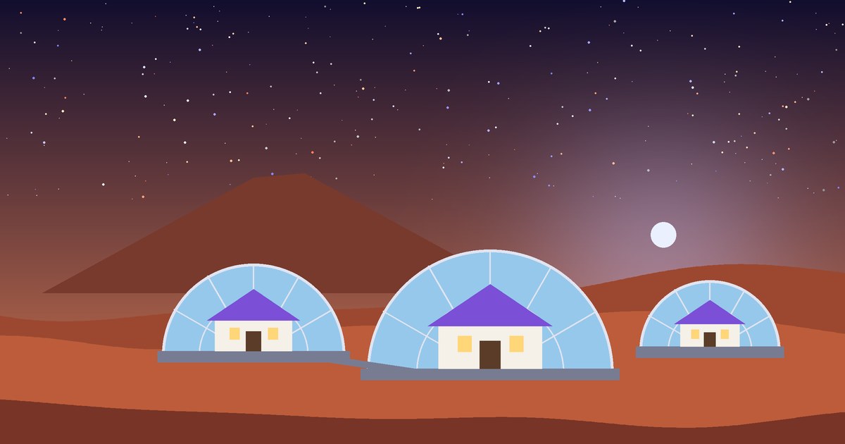 Glass dome homes for sale on Mars at sunset with Olympus Mons in the background