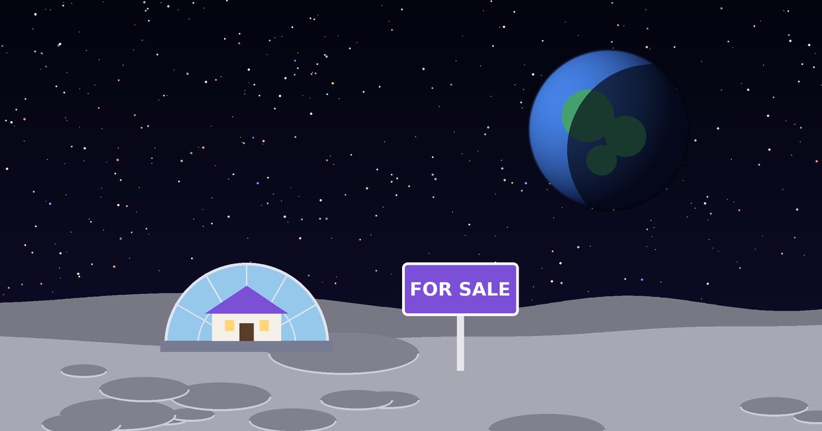Lunar habitat with a for sale sign on the Moon and Earth rising in the background