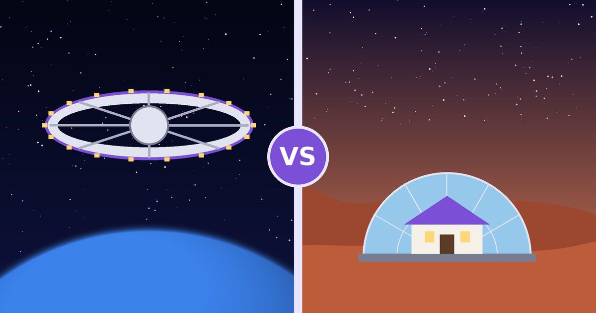Split image comparing a rotating orbital space station home above Earth with a dome home on the surface of Mars