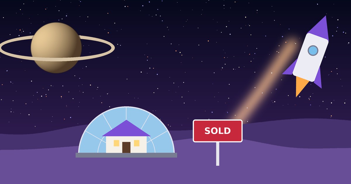 Dome home with a sold sign and a rocket launching past Saturn