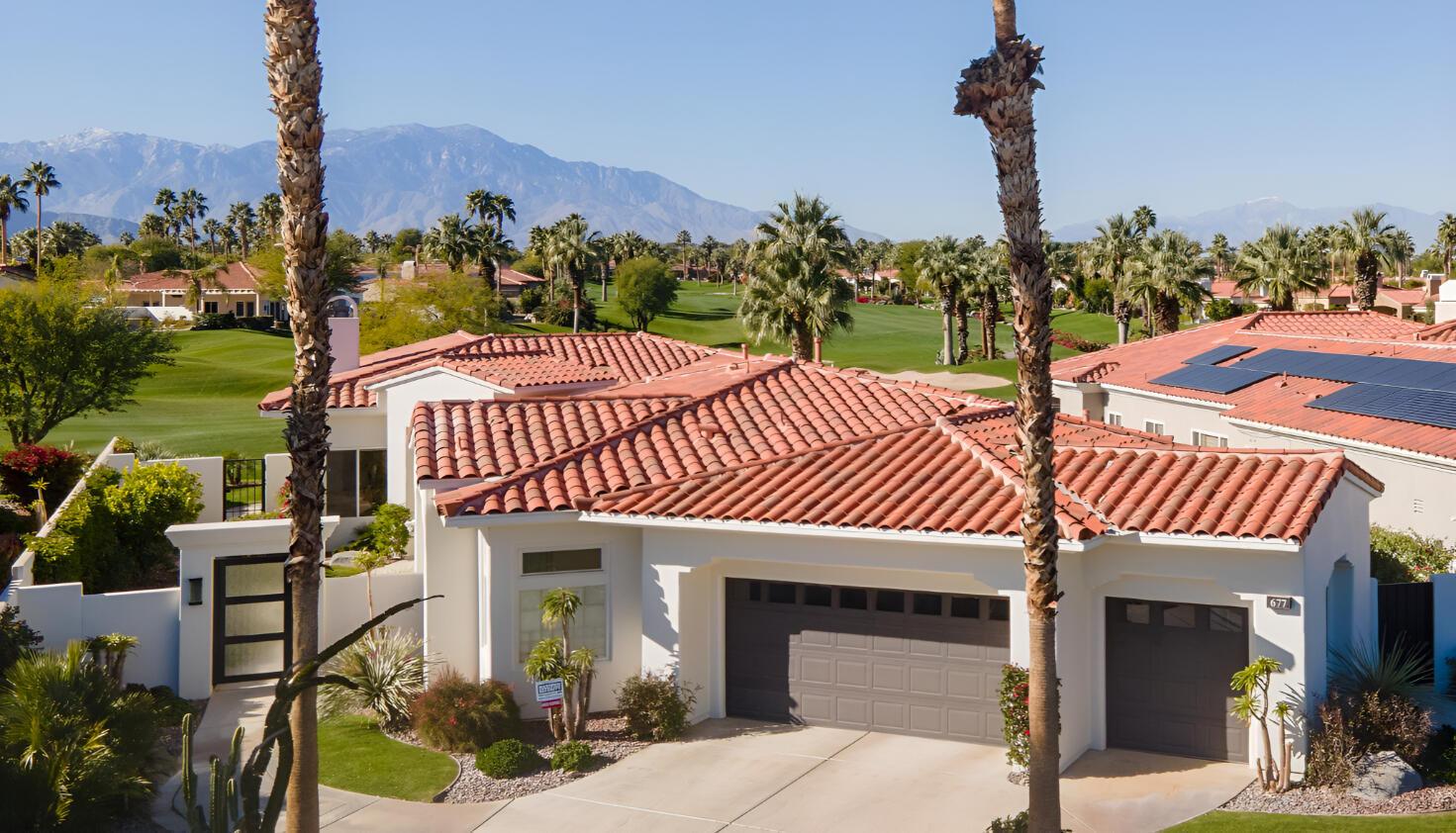 Luxury second home in Palm Desert CA at sunset with mountain views